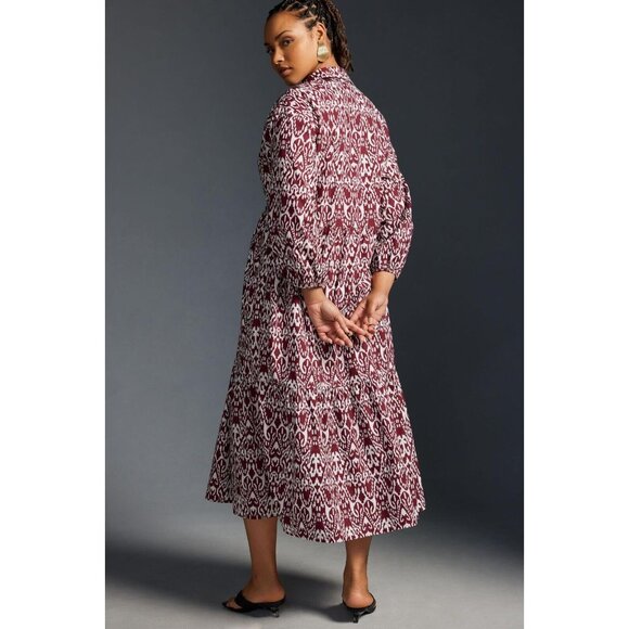 NWT Anthropologie Maeve The Bettina in Wine Bordeaux Ikat Tiered Shirt Dress L - Picture 7 of 12
